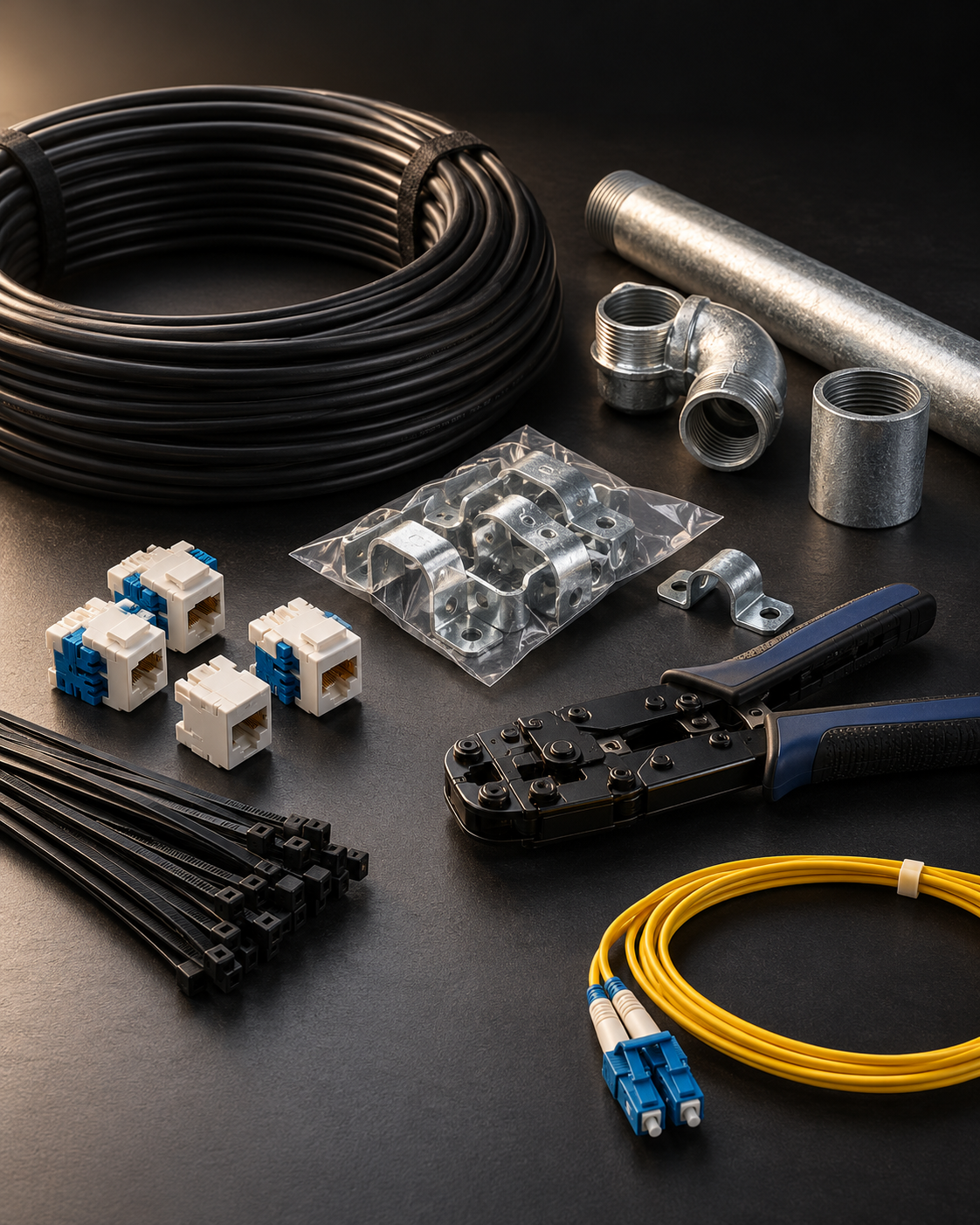 Cable, canalización, conectores y herramientas de instalación, imagen ilustrativa