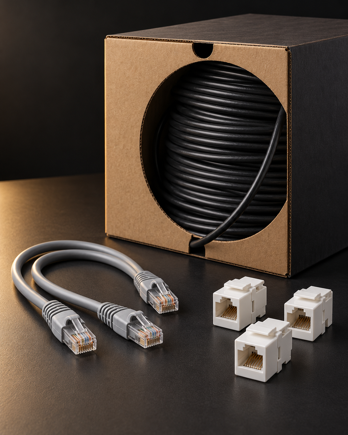 Bobina de cable, patch cords y jacks para cableado estructurado, imagen ilustrativa